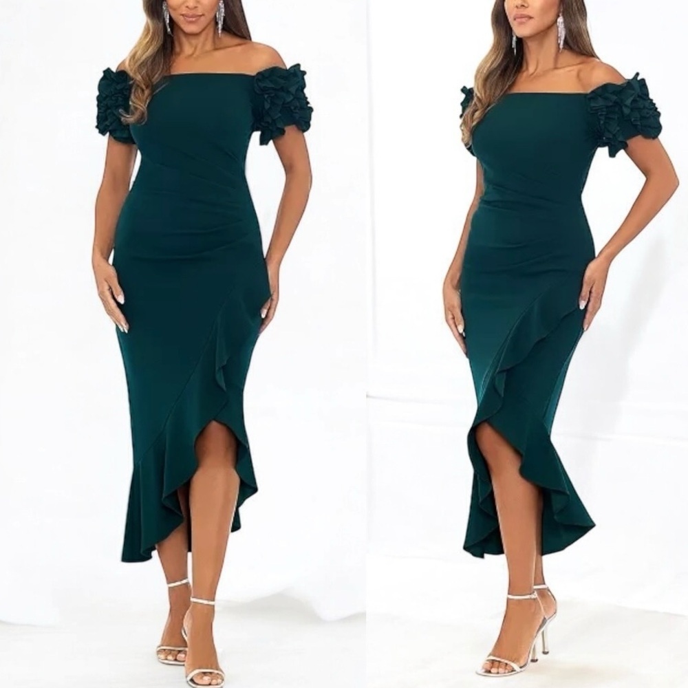 Xscape Green Asymmetrical Ruched Maxi Dress